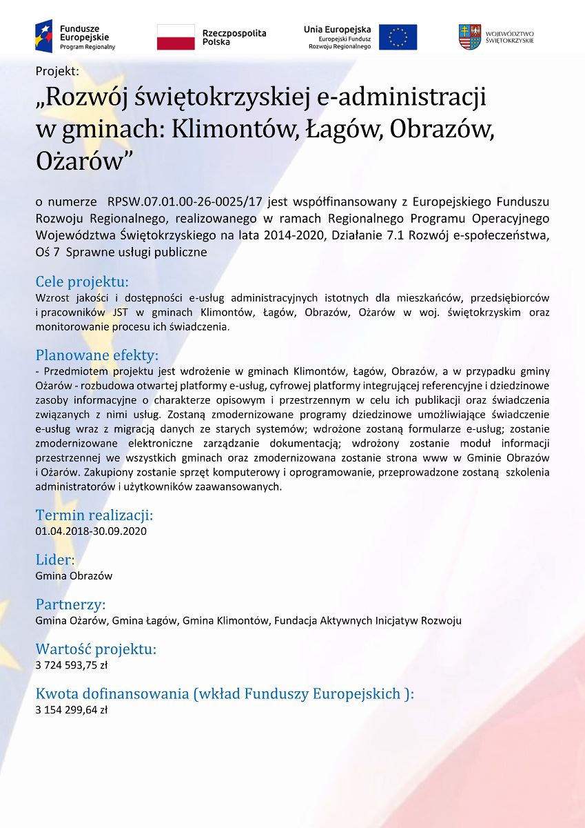 Rozwój świętokrzyskiej e-administracji w gminach: Klimontów, Łagów, Obrazów, Ożarów
