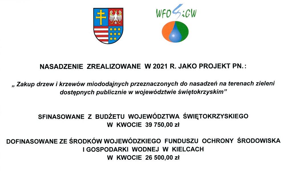 Tablica informacyjna projektu „Zakup drzew i krzewów miododajnych przeznaczonych do nasadzeń na terenach zieleni dostępnych publicznie w województwie świętokrzyskim”