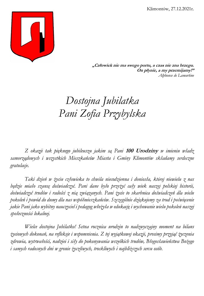 List gratulacyjny dla Pani Zofii Przybylskiej