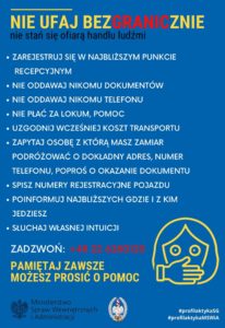 Ulotka z informacja jak ustrzec się przed handel ludźmi - j. polski