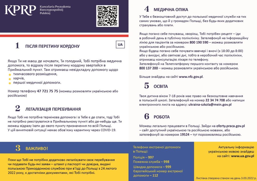 Ulotka z podstawowymi informacjami na uchodźców z Ukrainy UA